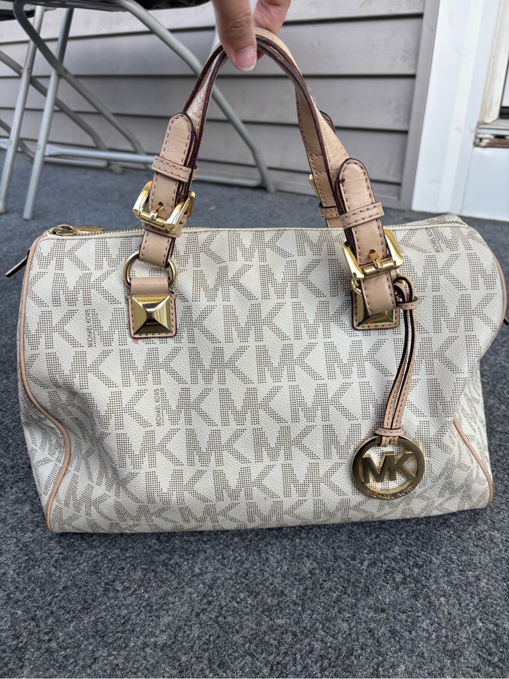 Michael Kors Beige Logo Satchel with Gold Hardware